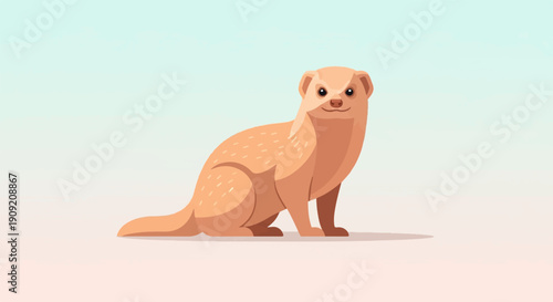 A charming, tan-colored weasel-like creature sits attentively against a soft, gradient background