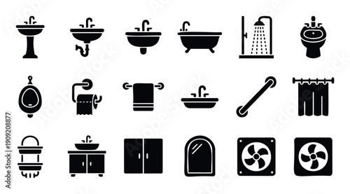 Variety of essential bathroom icons, including sinks, showers, bathtubs, and toilets, ideal for home decor guides and plumbing services advertisements
