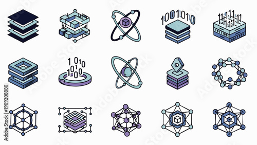Collection of Isometric Icons Representing Data, Technology, and Science Concepts