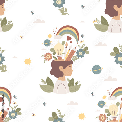 Mental Health Seamless Pattern with Creative Mind and Art Therapy. Girl with Rainbow Lightbulb Art Tools and Flowers on white Background. Harmony, Self Care and Hobby. Vector Illustration