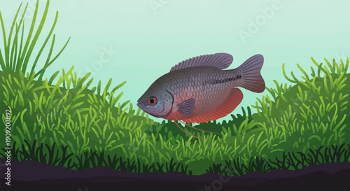 A freshwater fish with delicate antennae swims through lush green aquatic plants