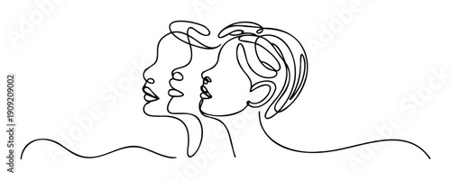 Minimalist one line artwork depicting three womens profiles symbolizing femininity unity and communication suitable for graphic design and conceptual projects