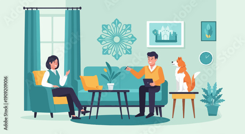 A calm interior scene with two people and a dog engaging in discussion