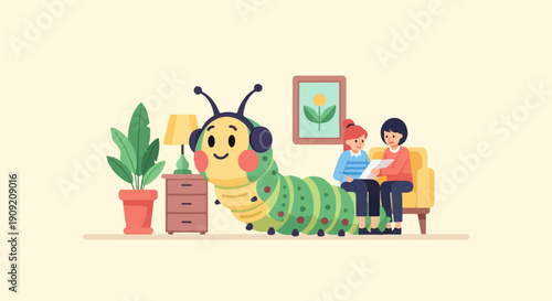 A friendly caterpillar with headphones listens to two women discussing a document