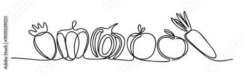 Minimalist one line drawing of a variety of fresh fruits and vegetables like strawberry, bell pepper, onion, apples, and carrot, ideal for healthy eating promotions, cooking blogs, or