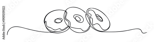 Continuous line drawing of three delicious frosted donuts for bakery branding, sweet shop menus, dessert advertisements, or foodthemed graphic projects