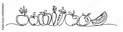 Continuous line drawing of fresh fruits and vegetables like apples, carrots, cucumbers, pears, and a watermelon slice, ideal for health and nutrition promotions.
