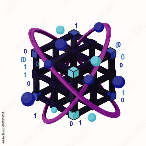 Abstract 3D representation of quantum computing concept with qubits, binary code, and atomic orbits