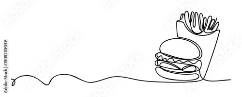 Continuous line drawing of a classic delicious hamburger and crispy french fries served together, perfect for fast food restaurant branding, menu presentation, or quick meal promotions.