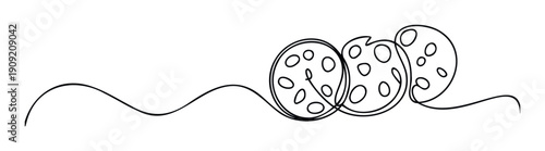 Continuous line drawing depicting three delicious sausage slices perfect for adding a modern culinary touch to food industry advertisements menus and packaging.