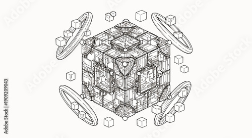 Intricate geometric cube illustration with ornate patterns and orbiting elements, a complex puzzle box design in detailed line art, evoking mystery.