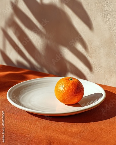 Orange on White Plate with Palm Leaf Shadows, Minimalist Still Life
