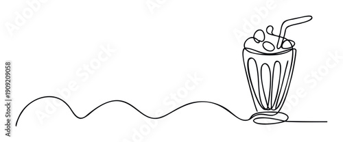 Continuous line drawing capturing a delicious milkshake with whipped cream and a straw, ideal for food beverage menus, sweet treat promotions, or cafe snack branding.