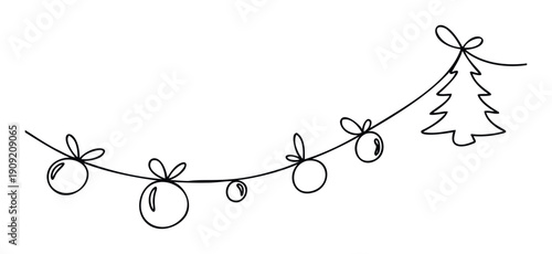 Minimalist black outline drawing of a festive Christmas garland with dangling baubles and a stylized Christmas tree, perfect for seasonal greetings or holiday event invitations