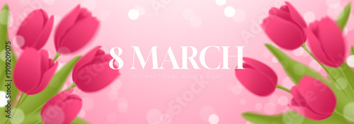 Gentle card of 8 March. International Women's Day banner. Elegant vector vector background with blurred pink spring tulips and glowing bokeh effect. International Women's Day concept template card.
