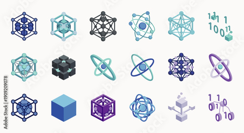 Abstract technology and science icon set with geometric shapes, atoms, data cubes, and binary code. Digital concepts for innovation and futuristic design.