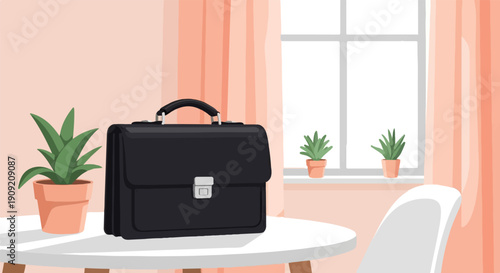 A brief case sits on a table near plants and a window with curtains