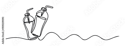 Refreshing beverage containers with straws drawn in a continuous monoline style creating a modern visual for drink menus or summer promotions