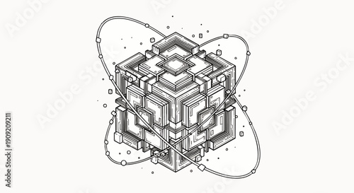 Detailed black and white line art illustration of an abstract geometric cube with orbiting elements, depicting concepts of technology, data, and science.