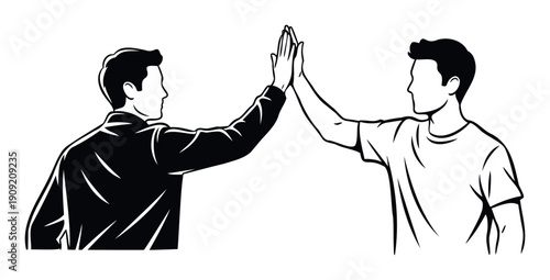 Two young men celebrate success with a high five gesture, symbolizing teamwork and achievement for business and friendship concepts.