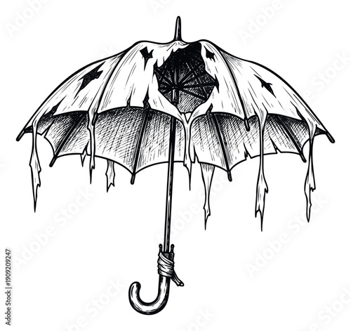 A distressed and torn umbrella rendered in a detailed black and white sketch style, perfect for conveying themes of neglect, struggle, or ineffective shelter in various print and digital