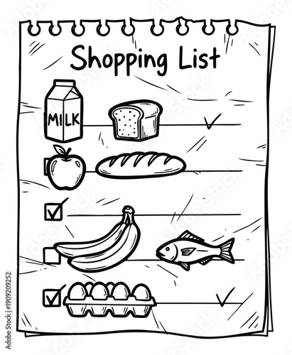 Hand drawn grocery shopping list with essential food items like milk, bread, and fruits for daily meal planning and kitchen organization