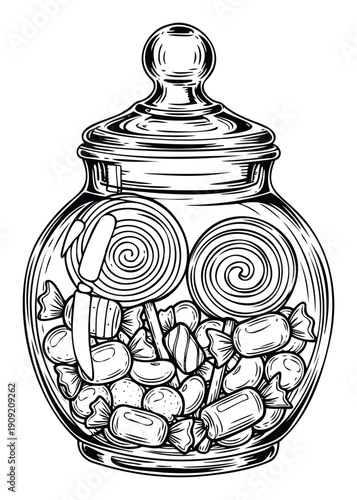 Classic candy jar filled with a tempting assortment of sweet treats and lollipops, perfect for confectionerythemed promotions, nostalgic packaging, or dessert menu designs.