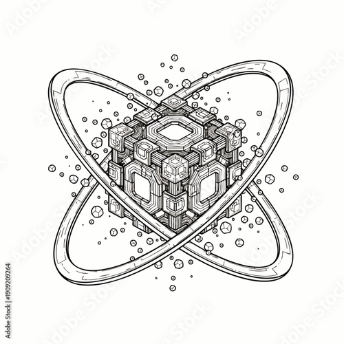 Abstract geometric cube core with orbiting rings and floating particles, representing quantum energy, advanced technology, science, and futuristic innovation.