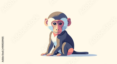 A cartoon baby monkey sits looking forward against a light background