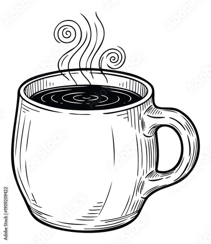 Warm coffee mug with rising steam, hand drawn black ink graphic print perfect for cozy cafe branding or a comforting beverage menu design.