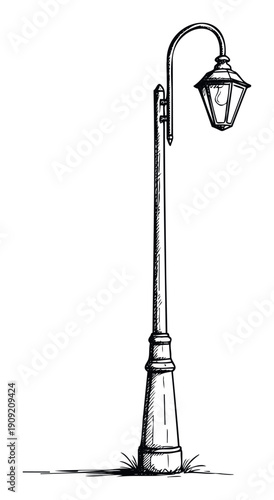Classic street lamp sketch conveying old world charm in urban planning, park environments, and nostalgic architectural projects requiring traditional lighting elements.