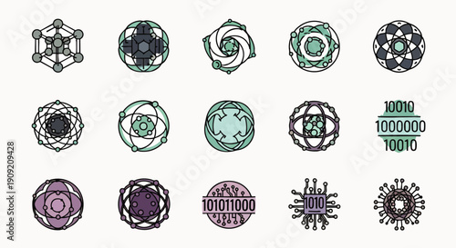 Collection of abstract geometric and technological vector icons. Modern symbols representing data, science, spirituality, and digital concepts for design projects.