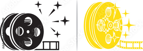 Two film reel icons—one solid black and one bright yellow—featuring trailing film strips and sparkling star accents, representing cinematic history, movie production, and creative storytelling.