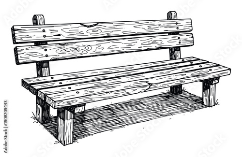 A rustic wooden park bench with natural wood grain and visible bolt details provides a comfortable seating option for various outdoor public spaces, gardens, or recreation areas.