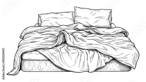 Sketchy black and white drawing of a messy bed featuring pillows and rumpled bedding perfect for cozy home interior designs or sleep related publications