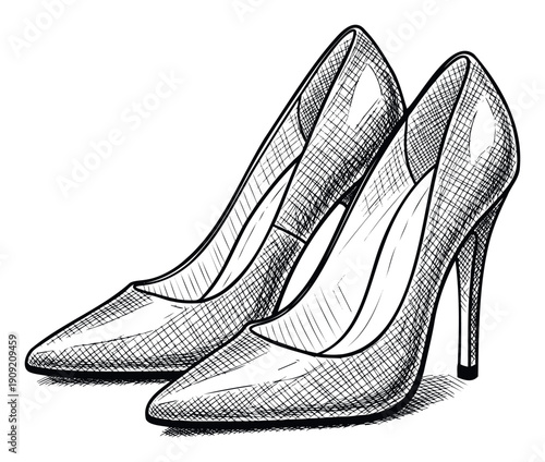 Stylish pointedtoe stiletto pumps for women presented in a detailed black and white drawing ideal for apparel catalogs and lifestyle publications.