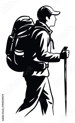 An adventurous trekker carrying a large backpack and holding a walking stick journeys forward, representing travel, exploration, and outdoor activities for active lifestyle promotions and