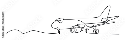 Continuous one line drawing of a passenger airplane suitable for global travel and transportation advertisements presentations and aviation technology content