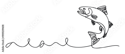 Dynamic single line drawing of a powerful jumping salmon capturing the essence of fishing and wild nature suitable for branding logos or outdoor adventure apparel designs