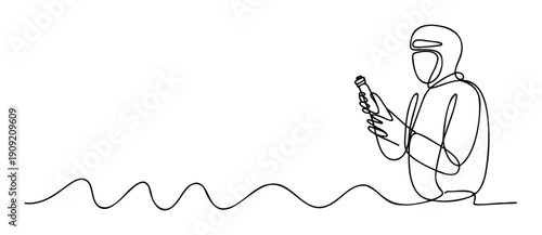 Single continuous line drawing of a person in a protective uniform carefully inspecting a bottle, perfect for illustrating scientific research, laboratory procedures, or manufacturing
