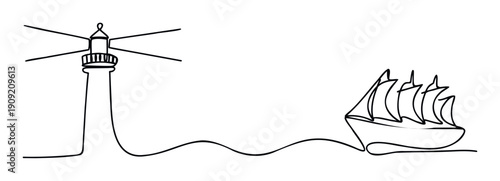 A continuous line drawing illustrating a nautical journey with a guiding lighthouse and a sailing ship navigating the sea, ideal for travel and exploration themed graphic designs