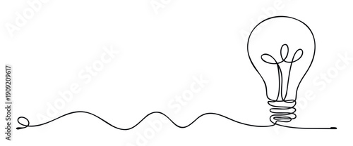 Simple minimalist black line art depicting a lightbulb emerging from a wavy line, ideal for conveying inspiration, problemsolving, and creative thinking in digital media.