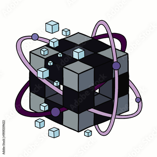 Abstract 3D cube with orbiting elements representing data, technology, and science, symbolizing complexity and innovation