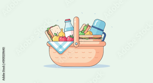 A delightful pixel art picnic basket overflowing with sandwiches, fruits, and drink