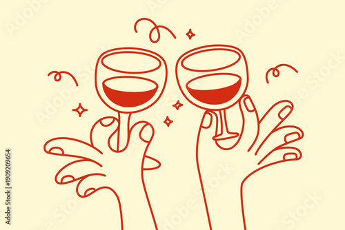 Vector simple minimal linear style illustration with sketch hands holding wine glasses, celebration and party vibe, invitation design element, banner, template