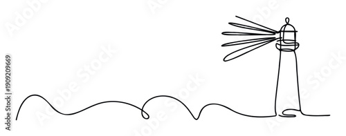 Continuous line drawing of a towering lighthouse emitting guiding light over undulating waves, perfect for maritime themes, educational materials, or navigational service promotion.