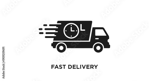 Simple black and white icon depicting a speeding delivery truck emphasizing quick service and guaranteed timely transportation logistics.