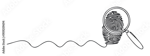 Continuous line drawing of a fingerprint magnified by a loupe, symbolizing identity verification and investigative search for forensic science, data security, and legal services.