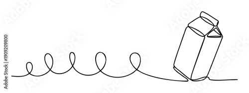 Minimalist continuous line drawing of a beverage carton flowing from a wavy trail, ideal for food packaging graphics, dairy branding, or simple healthy drink concepts.