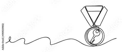 A continuous single line drawing depicts a medal with a key emblem symbolizing hardearned success and innovative solutions, perfect for business presentations, educational materials, or